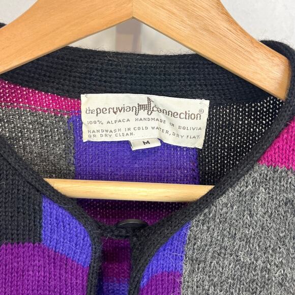 PERUVIAN CONNECTION VTG Alpaca Cardigan Sweater Handmade Bolivia Multicolor M - Picture 3 of 7